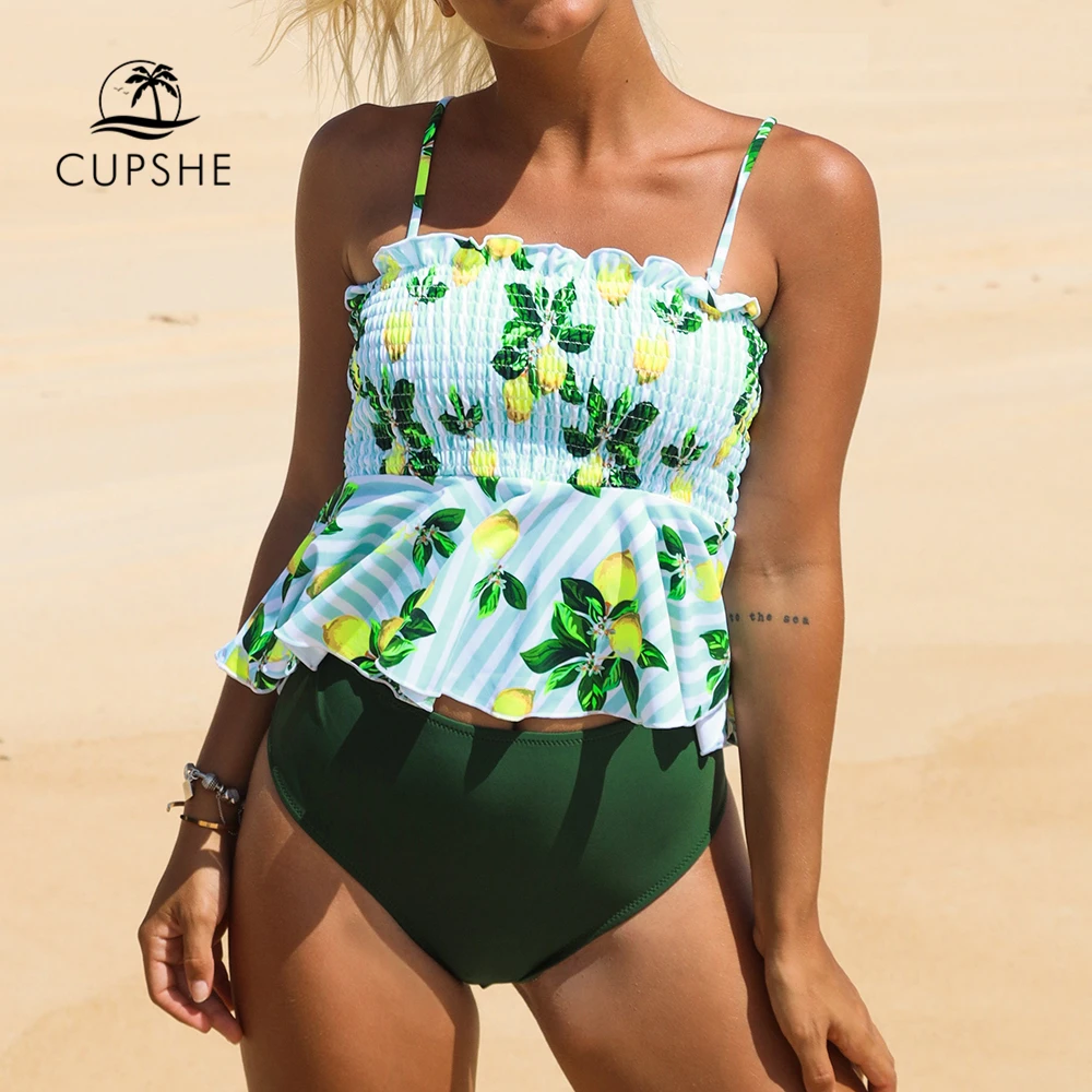 CUPSHE зеленый лимон печати рюшами бикини наборы для женщин милый баской Танк из
