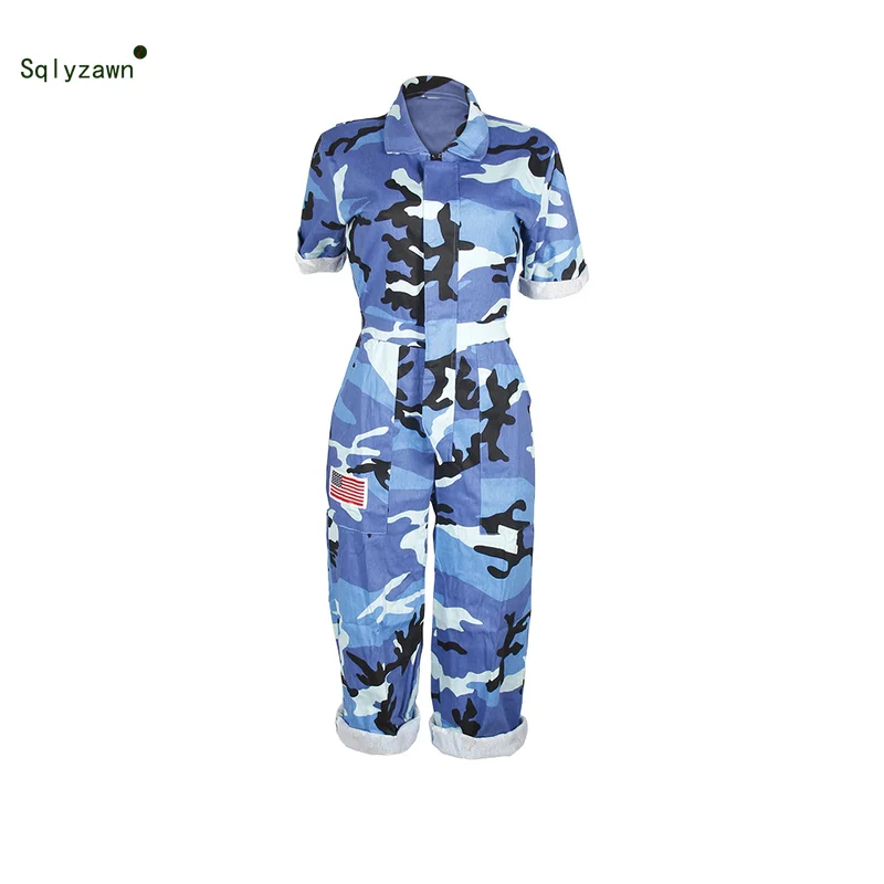 Женский камуфляжный комбинезон Свободный Повседневный с коротким рукавом синий