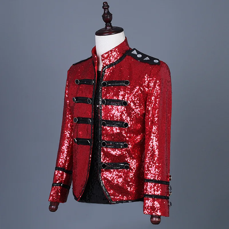 

Man Asmmetrical Rhinestone Sequin Red Slim Fit Blazer Jacket Male Chorus Stage Performance Costumes Man Military Style Clothing