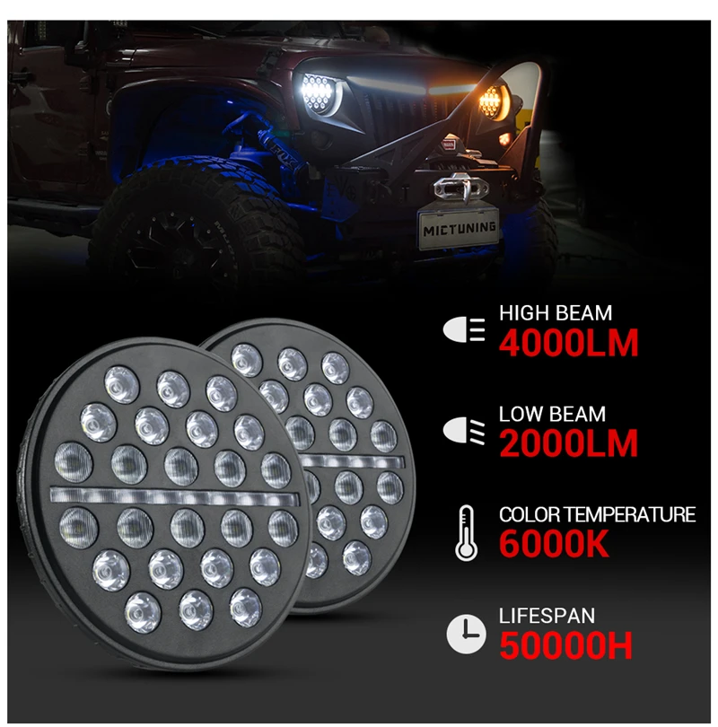 MICTUNING " 80 Вт Автомобильные светодиодные фары Hi/Lo луч течёт янтарные поворотники для Jeep Wrangler JK LJ TJ DRL дневные ходовые огни