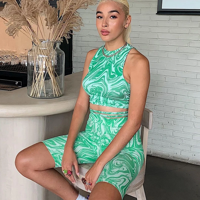 

2021 y2k Streetwear Green Ripple Print Tanks Shorts Sets Summer Women's Ribbed Two-pieces Cross Lace-up Crop Tops+Shorts