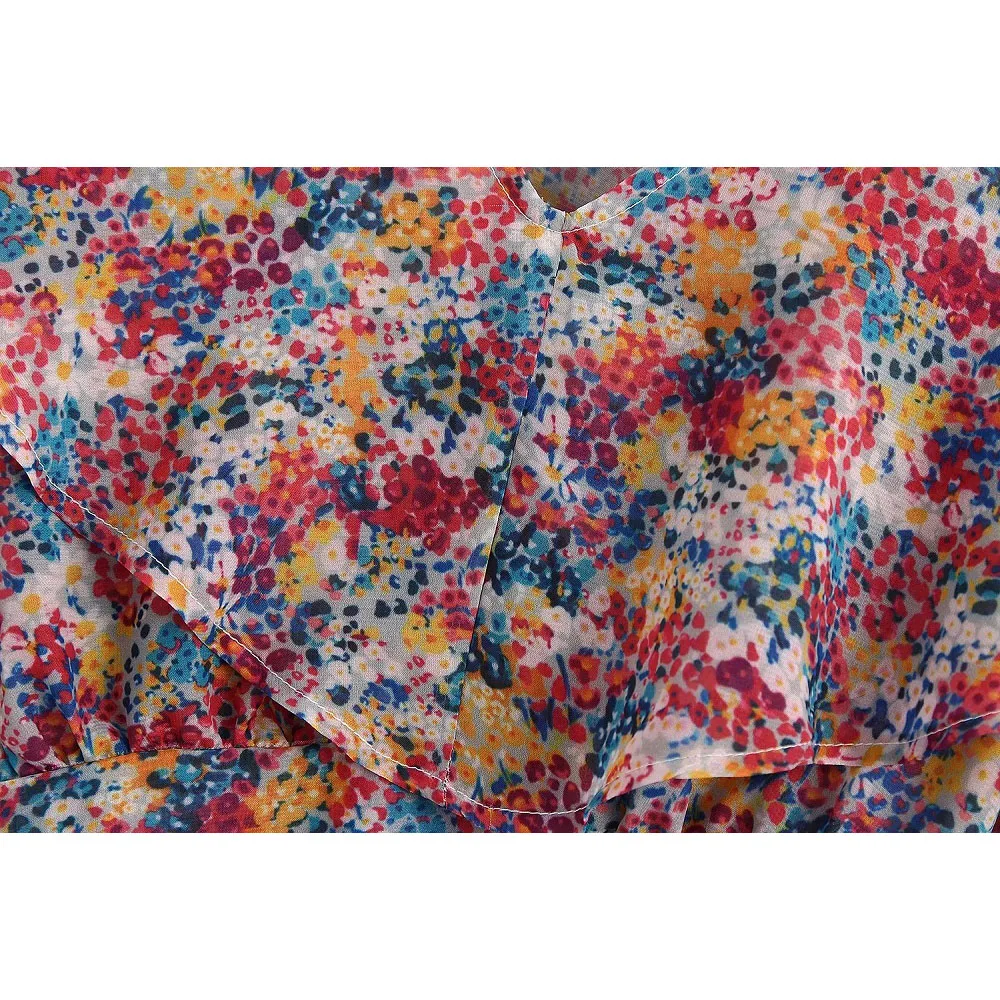 

Vintage Chic Floral Print Ruffles Short Blouses Women Fashion V-Neck Smocks Elegant Ladies Casual Tops