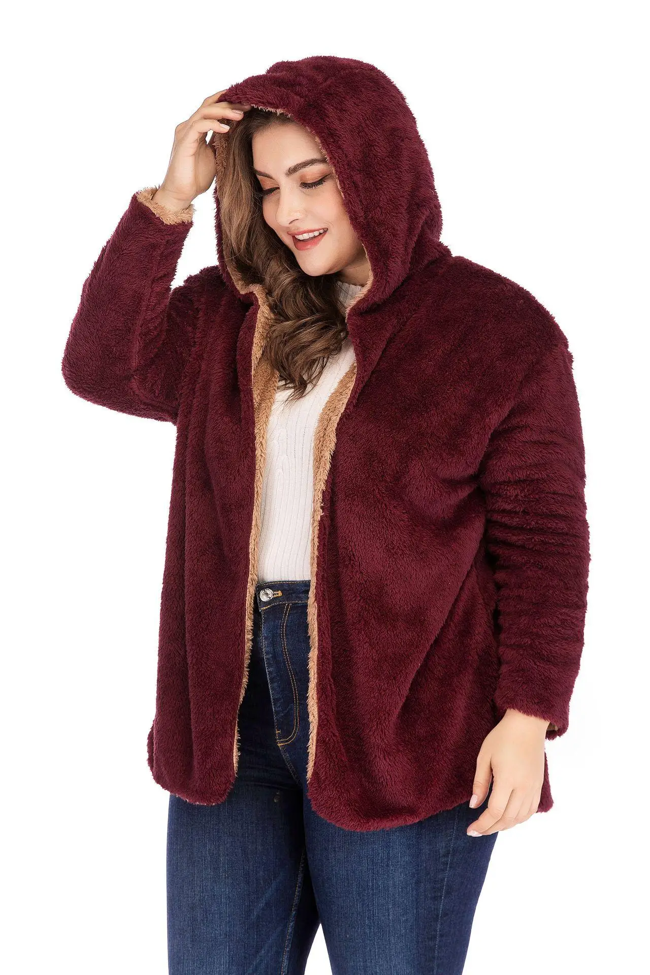 

Plus size women's Winter hooded Lamb Wool Coat Jackets Long Sleeve Ticken Cardian Casual Warm Woman Coat 4XL Ladie Outerwear