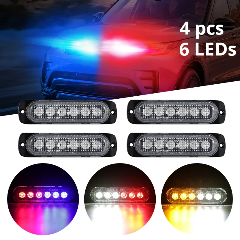 

4pcs/set LED Warning Light White/Red/Blue/Yellow Grille Flashing Light 6 LEDs Auto Strobe Light for Fog/Rainy Emergency Lamp