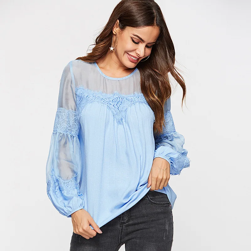 Женская блузка рубашка на весну и осень новинка однотонная круглый вырез