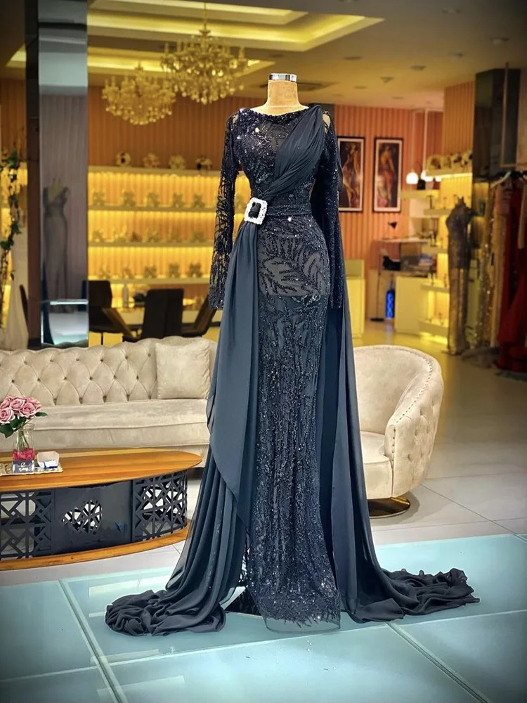 

YILIBER Evening dresses 2021 vintage vlack pearls long sleeves evening gowns beading prom dresses for women short dresses