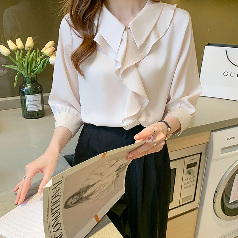 Женская шифоновая блузка с оборками Повседневная Свободная однотонная для