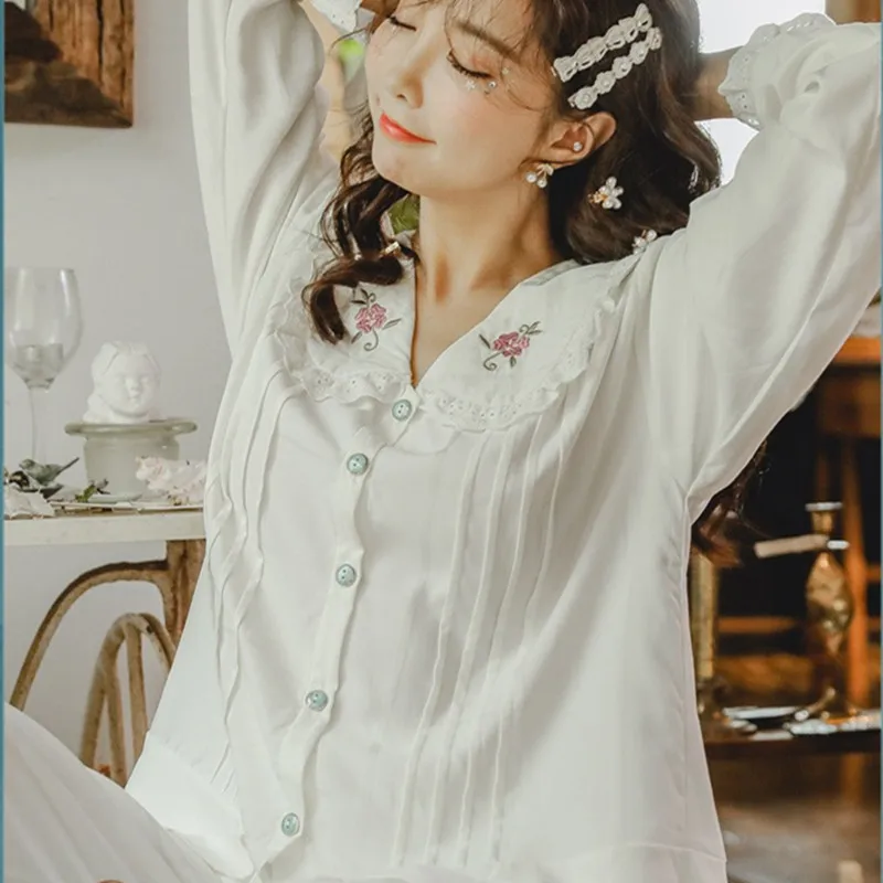 

Maternity Nightwear Nursing Pajamas Autumn Winter Cotton Fine Embroidery Pregnancy Sleepwear Breastfeeding Clothes Homewear