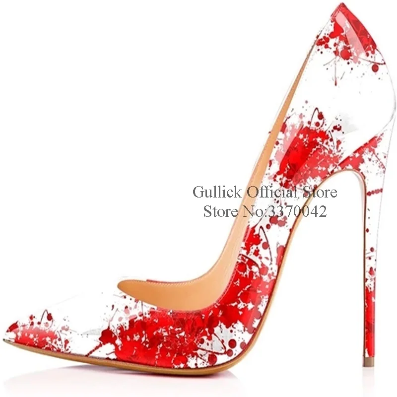 

Sexy Red Blood Printing High Heel Pumps Pointed Toe 12 10 8cm Stiletto Heels Dress Shoes Shallow Patchwork Wedding Party Shoes