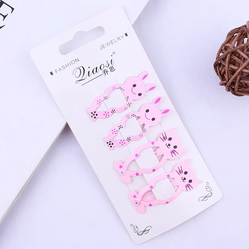 4PCS Pink 5 см Мультяшные шпильки для волос с кроликами, заколки для волос для детей, аксессуары для волос, заколка для волос для малышей, заколки для волос с изображением кота, цветная металлическая заколка с принтом - Цвет: 4PCS Pink
