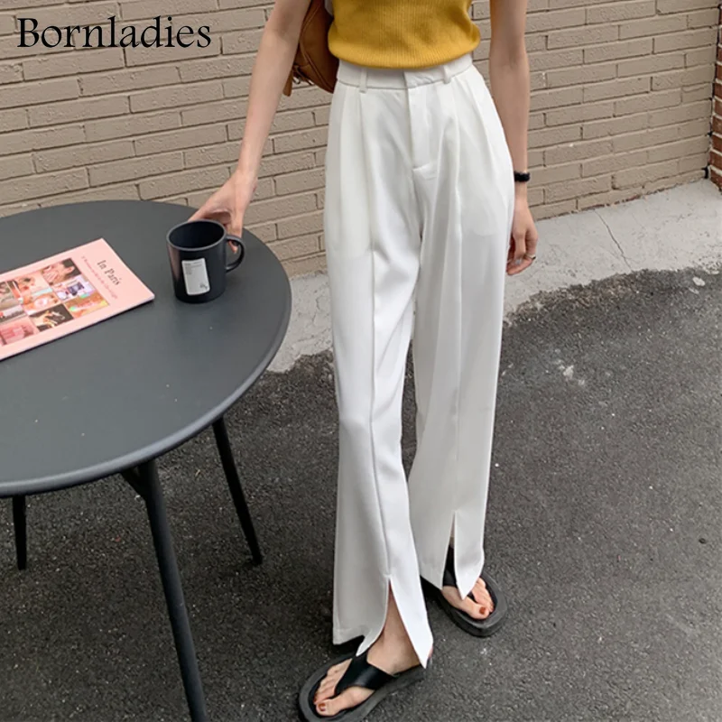 

Bornladies 2021 Stylish High Waist Solid Trousers for Women Loose Female Straight Suit Pants Casual Split Ladies Long Pants