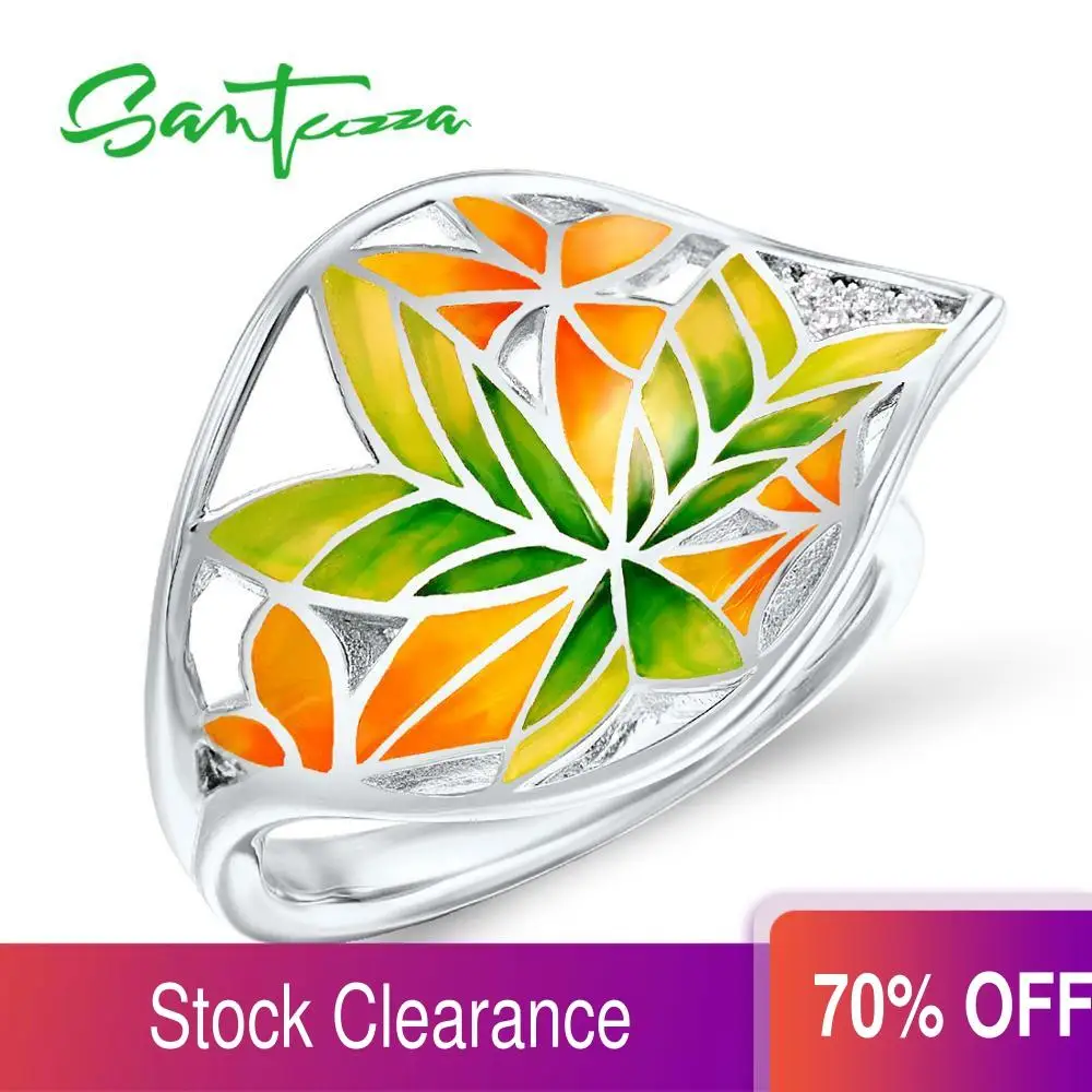 Женское кольцо SANTUZZA яркое прозрачное эмалированное с листьями и фианитами