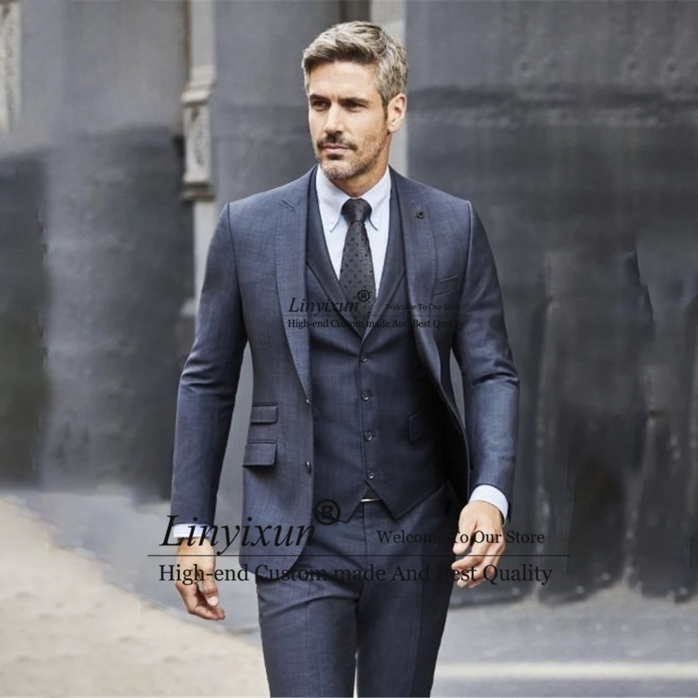 

Классические темно-синие мужские костюмы, деловой Блейзер, смокинг для жениха на свадьбу, облегающий Банкетный комплект из 3 предметов, жакет, брюки, мужской костюм