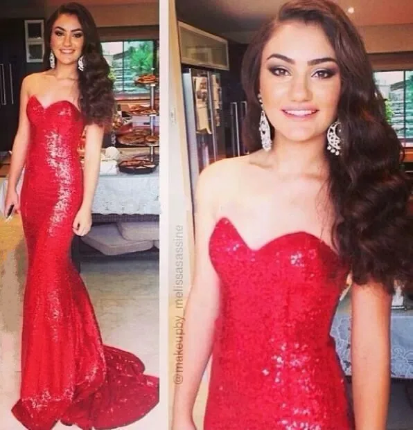 

Mermaid Sweep Train Red Sequin Long Sweetheart Floor Length Formal party prom gown 2018 Robe De Soiree bridesmaid dresses