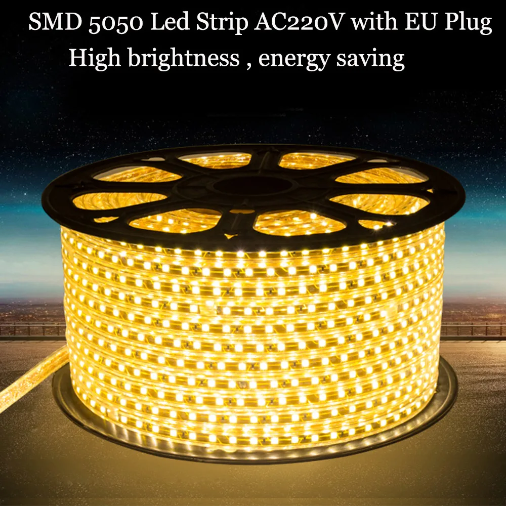 Светодиодная лента SMD 5050 220В LEDled газа водонепроницаемый гибкие бар свет 60led/М 6 М~ 25 М с вилкой ЕС открытый украшения сада