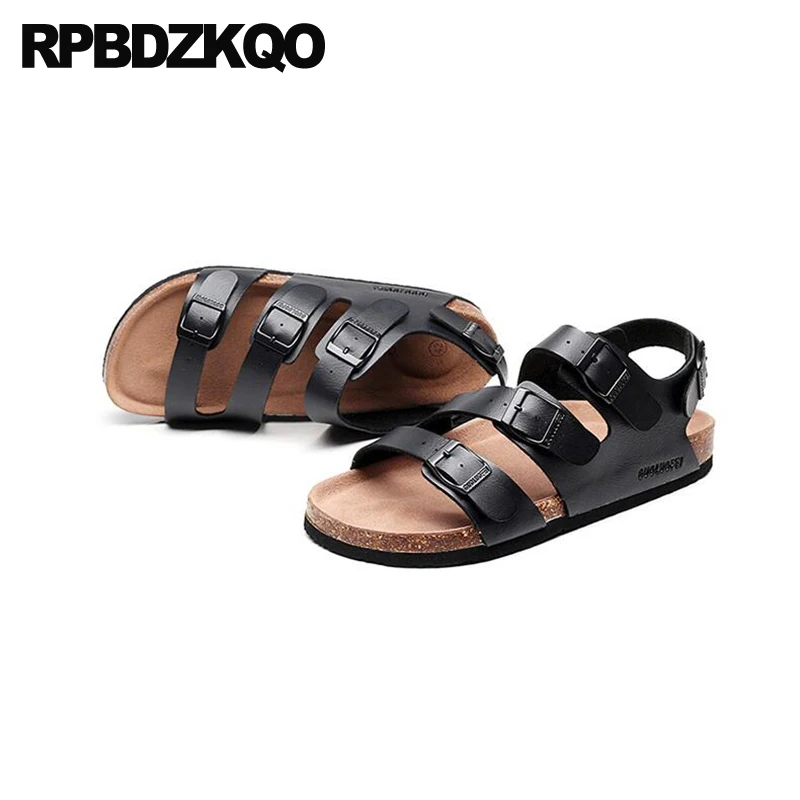 Мужские сандалии гладиаторы на пробковой подошве черные кожаные