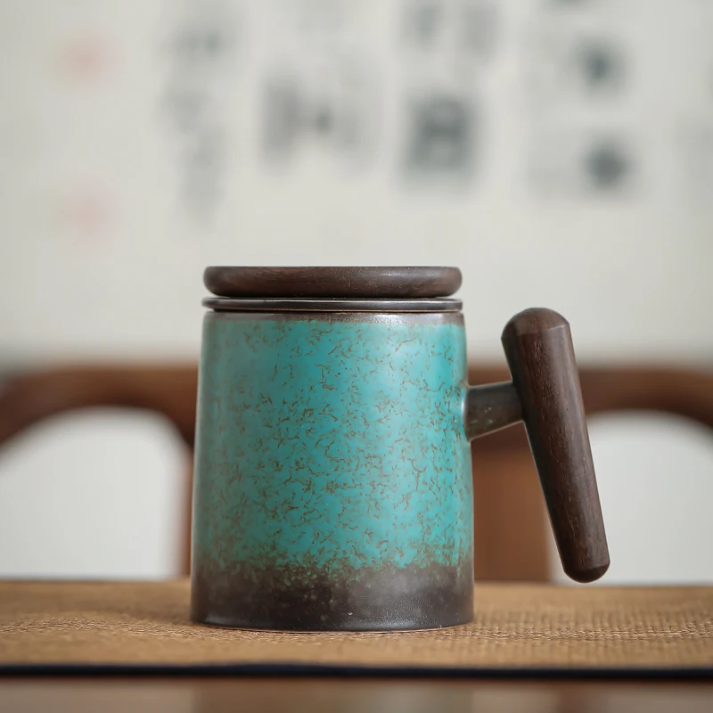 

Retro Ceramic Mug Bubble Tea Cup with Cover Japanese Tea Water Original Mugs Coffee Cups Espresso Kiln Baked Wood Handle Gift