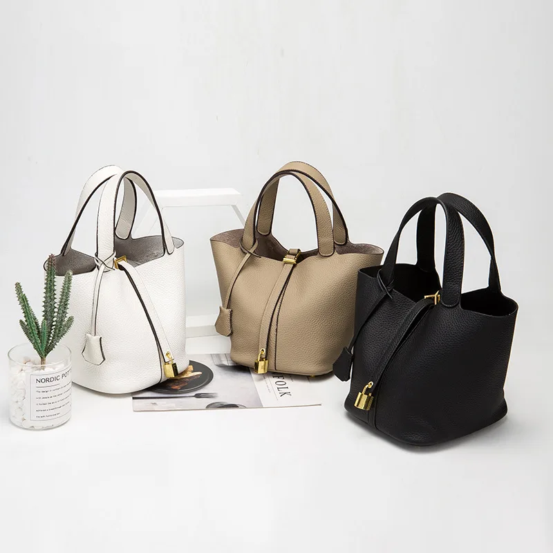 

2021 New Fashion Basket Female Baotou Layer Cow Leather Litchi Grain Pure Color Mother Bag Leather Carrying Bucket Bag