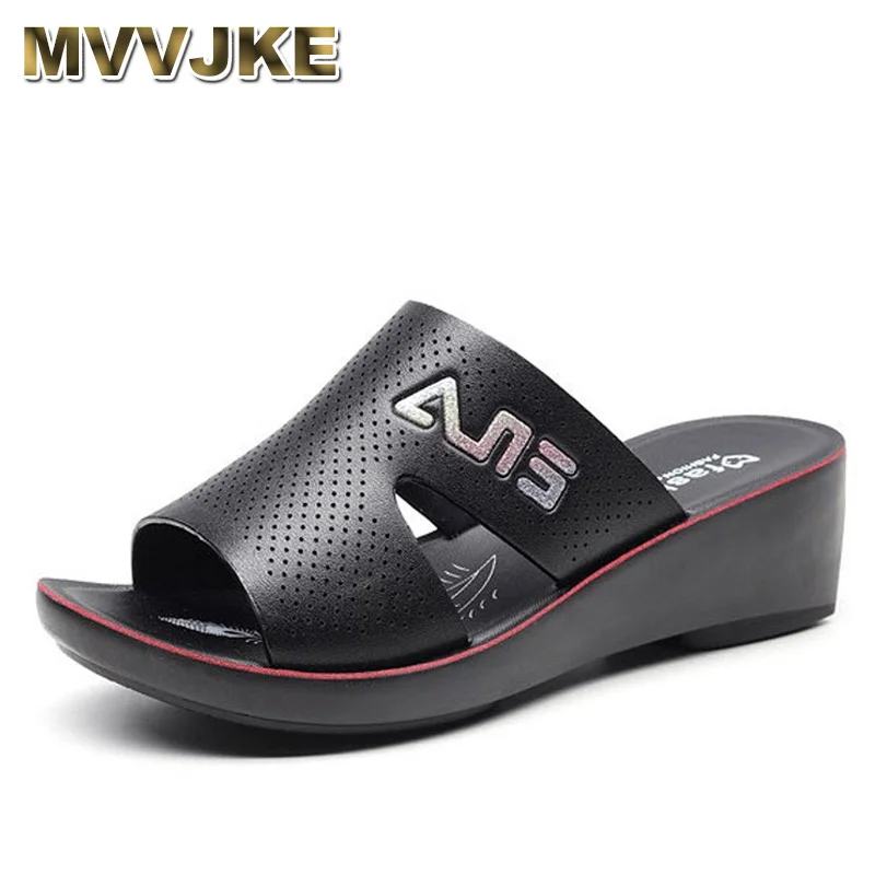

MVVJKE Summer casual slope with women's sandals and slippers thick-soled mid-heel mother sandals hollow breathable women's slipp