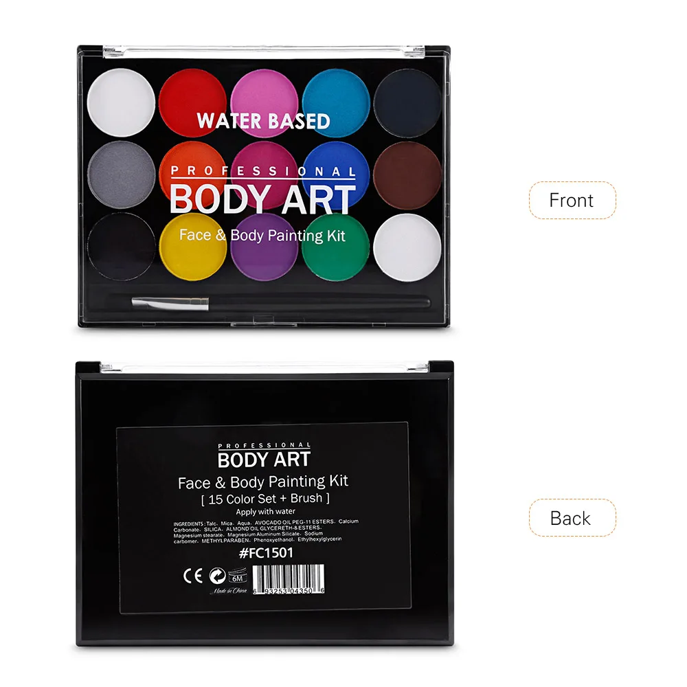 

Body Paint Kit Face Paint Professional Water Based 15 Colors Washable Non-Toxic Paints 1 Paintbrush for Kid Sensitive Skin