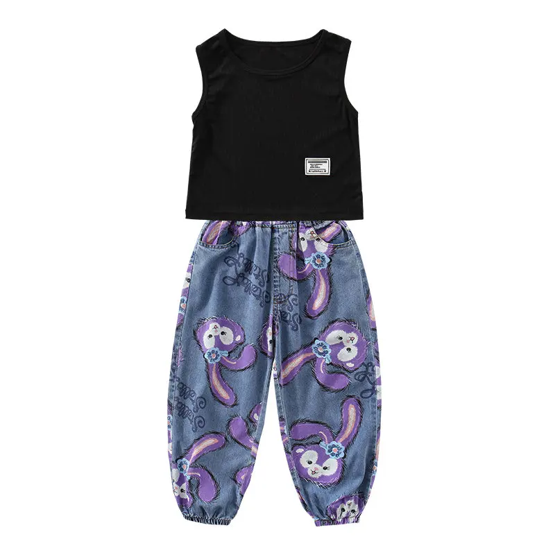 

New Arrivals Teen Girls Fashion Clothes Set Sleeveless Vest Top+Jeans Cartoon Pattern High Quality Children Casual Outfits 4-13Y