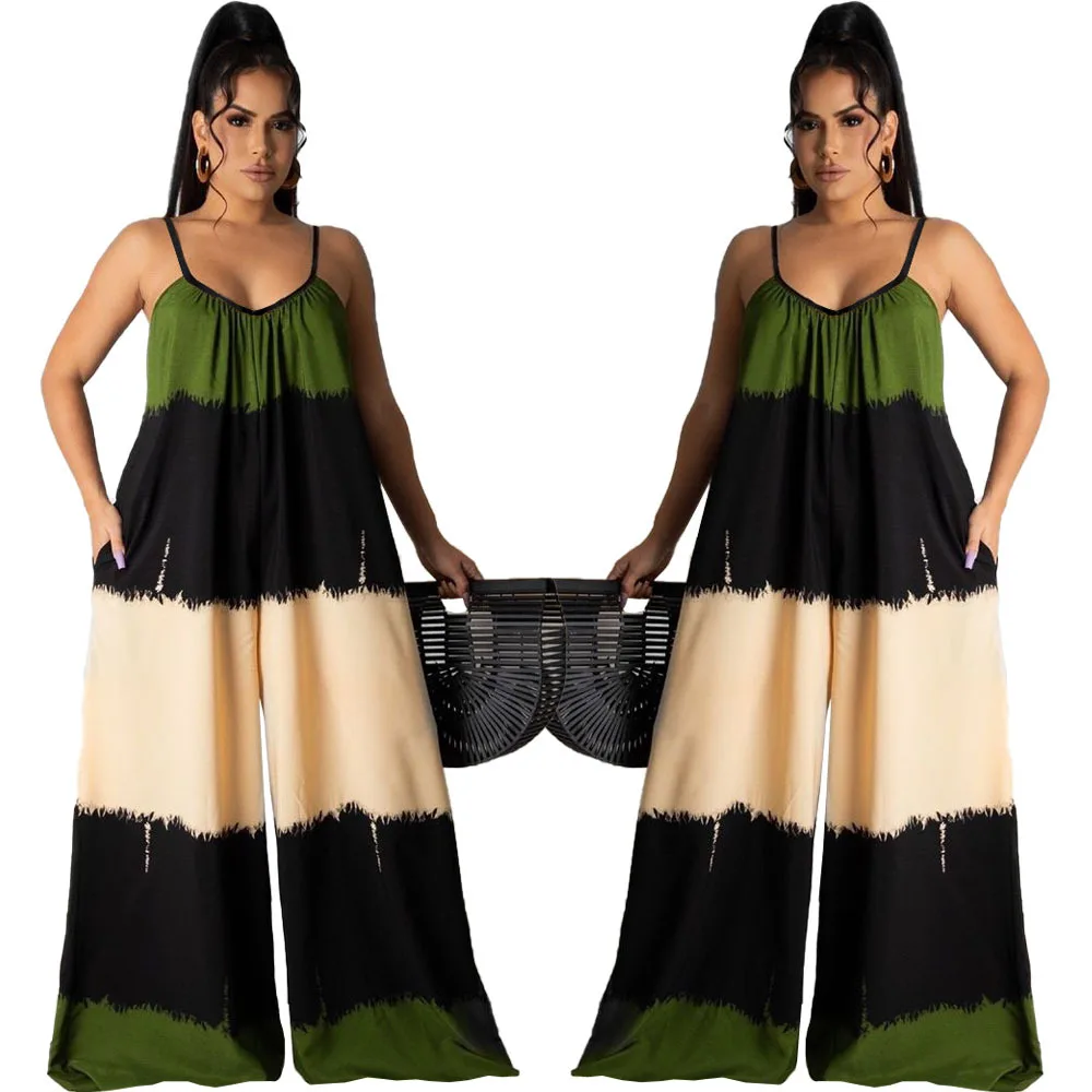

2021 Summer New Women's Fashion Trend Sexy Print Wide-Leg Trousers Suspenders Beach Casual Jumpsuit