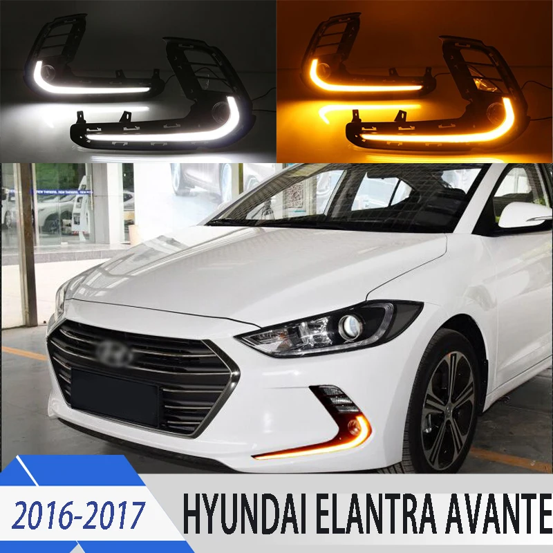 

2pcs For Hyundai Elantra Avante 2016-2017 LED Daytime Running Lights DRL with Fog lamp hole Yellow Turn Signal lamp Blue light