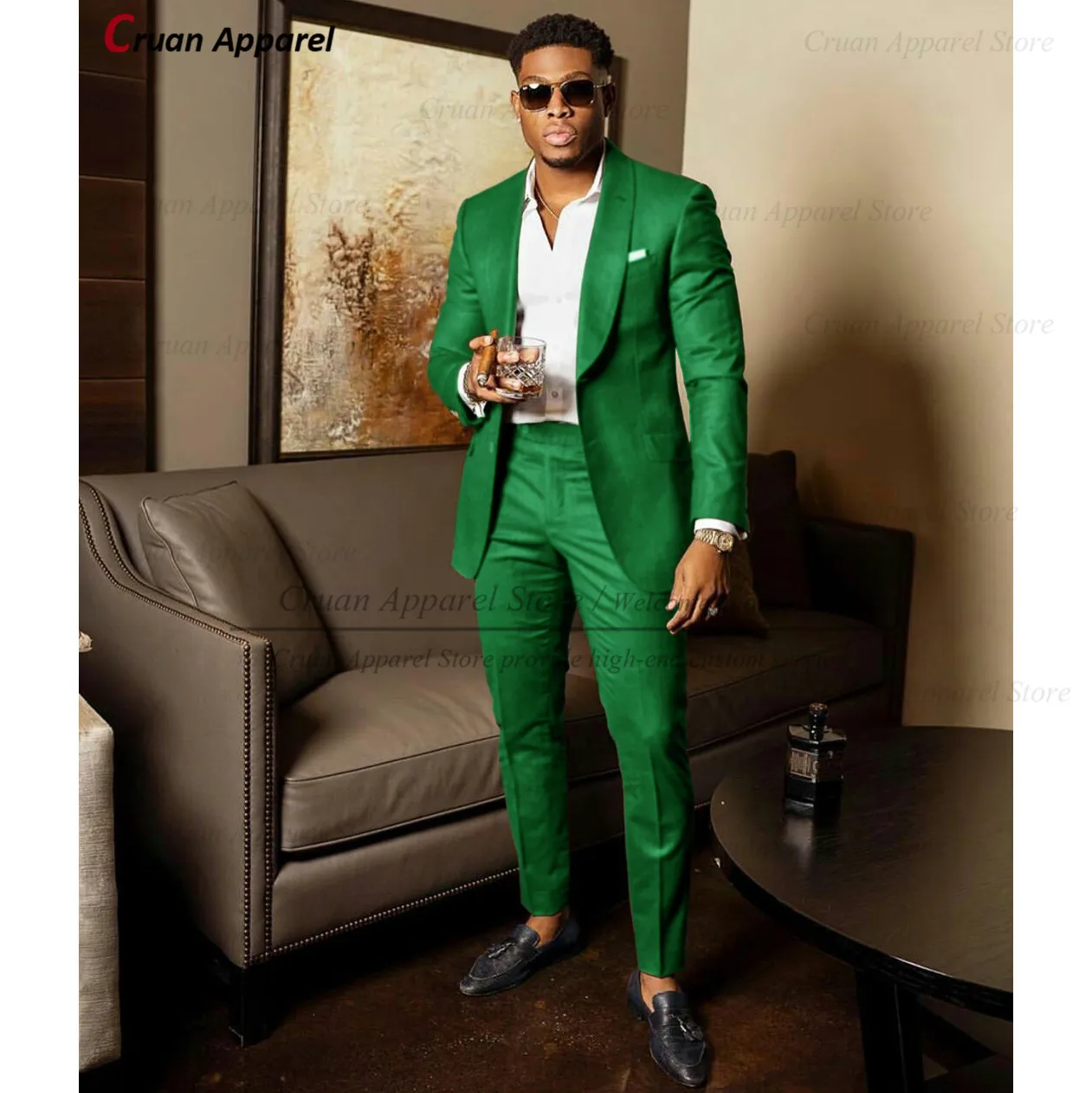2023 Green Suits for Men Tailor-made Groom Wedding Suits Tuxedo Best Man Blazer Pants 2 Pieces Trendy Fashion Marriage Costume