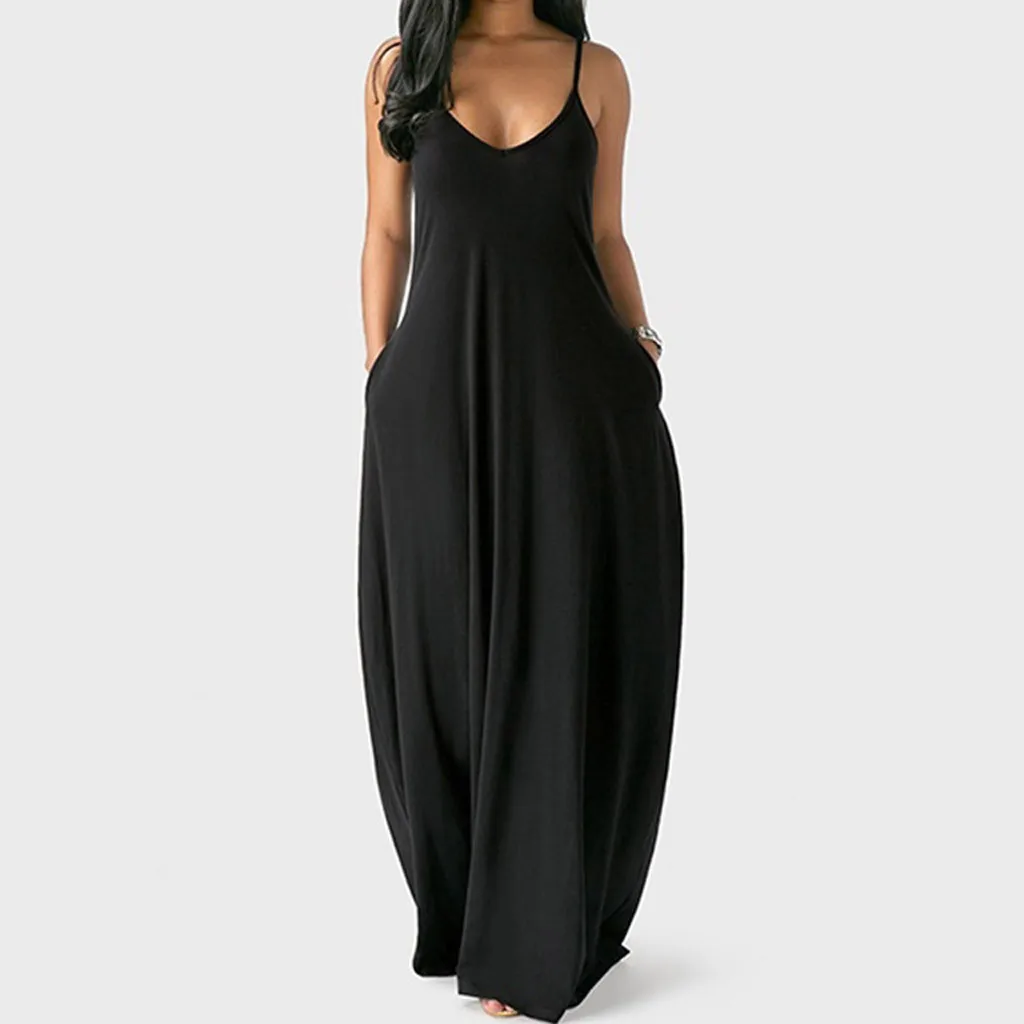 

Платье женское длинное на бретельках, пикантное свободное Макси-Платье с карманами, однотонное пляжное платье без рукавов, большой размер ...