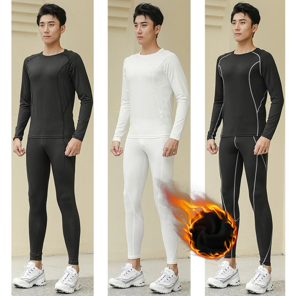 Roupa interior térmica dos homens do inverno de manga longa esportiva de fitness superior + calças base roupa interior apertado poliéster treino (0)