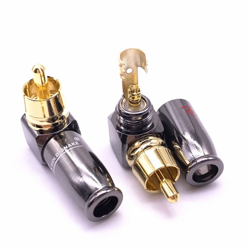 

2pcs/1pair 90 Degree Snake King RCA L-shaped Gun Black Gold Plated Right Angle RCA Male Plug Audio Video Connector Soldering