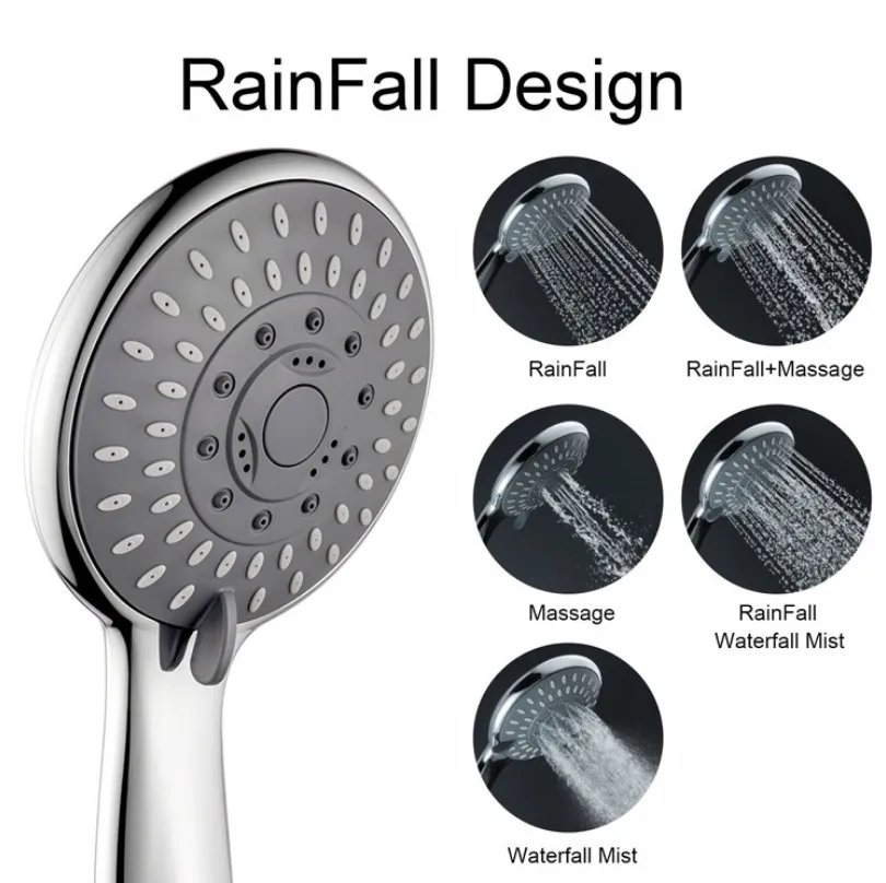 

5 Function Spray Matte Black Hand Held Shower Head Wall Mounted Shower Set With Hose & Shower Holder Water Saving Shower Sprayer