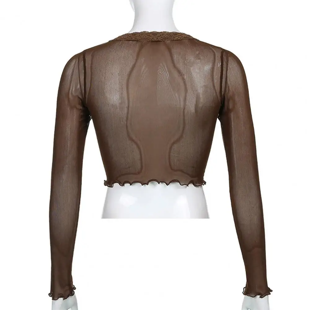 

Women Tops Gauze Perspective Frill Round Neck Gauze Blouse for Daily Wear