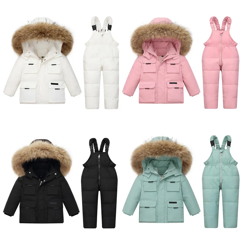 

Fur Collar Baby Parkas Children Outerwear Winter Down Snowsuit Overalls And Overlls Children Warm Light Coat For Boys Girls
