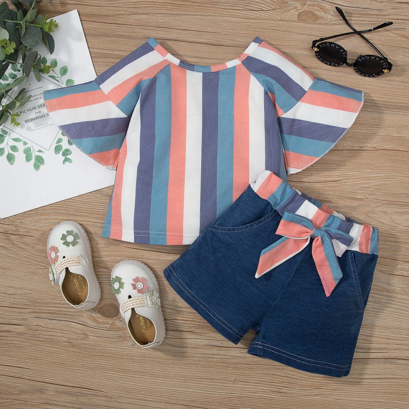 

Toddler Summer Tracksuit, Stripe O-Neck Mandarin Sleeves Tops and Elastic Waist Shorts for Baby Girls