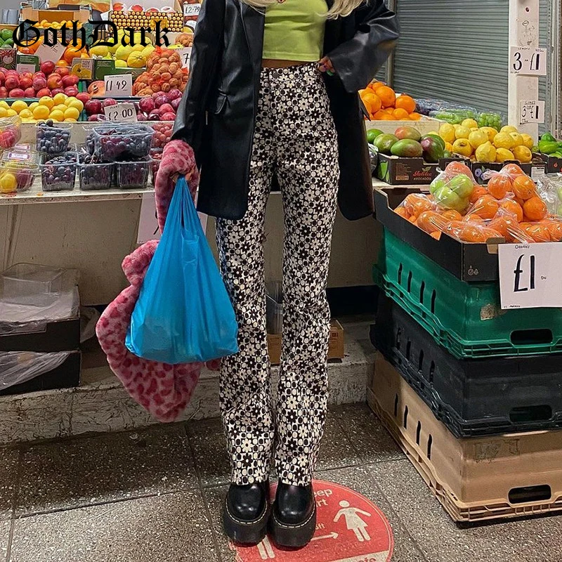 

Goth Dark Vintage Gothic High Waist Women Flare Pants E-girl Aesthetic Harajuku Floral Print Straight Trouser Fashion Streetwear