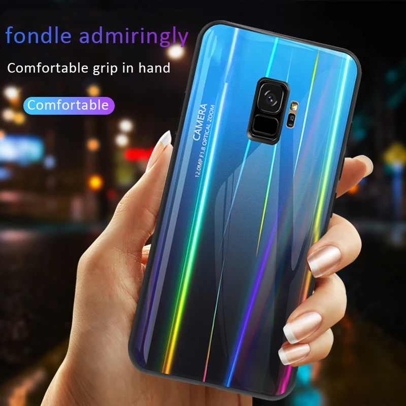 Лазерная Аврора закаленное стекло чехол для samsung galaxy Note 8 9 10 Pro S8 S9 плюс S10 S10E A10 A20 A30