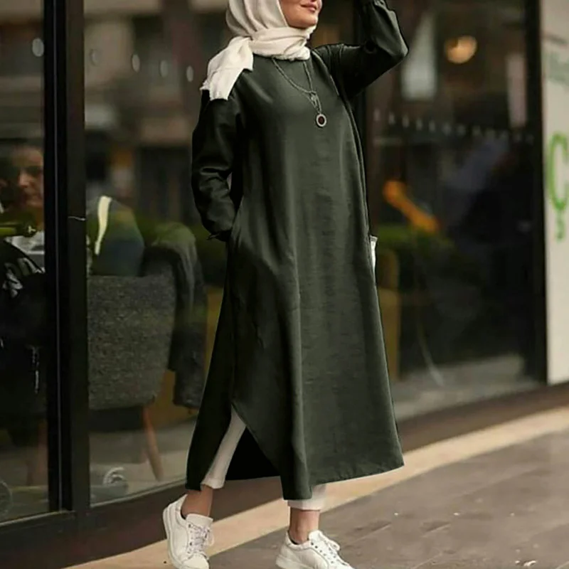 Женское длинное мусульманское платье, повседневное однотонное платье абайя, с разрезом, с длинными рукавами, в турецком дубайском стиле, пл...
