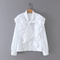women chic bow tie collar white blouse ruffles long sleeve office wear female shirt elegant solid top blusas