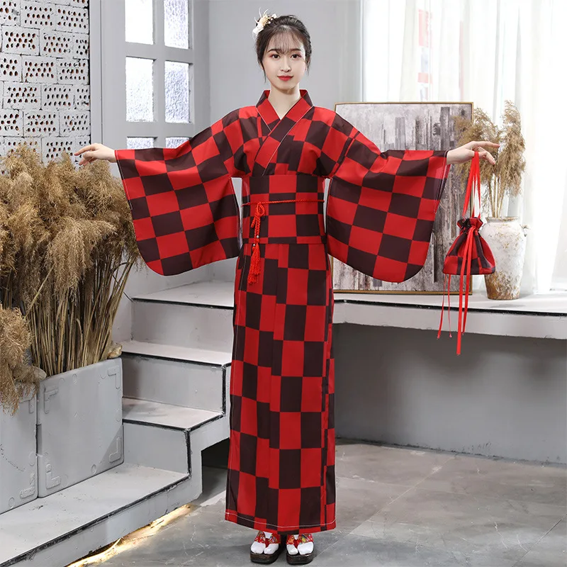 

Традиционные кимоно в клетку с Оби танцевальное костюмы горячая Распродажа японский Для женщин оригинальный юката платье