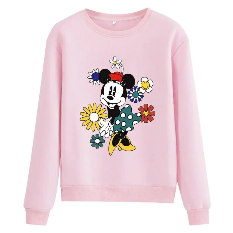 Disney Plus 1 Year Anime Minnie Mouse Floral Cute Kawaii Women Sweetshirts Long Sleeve Fleece Thick Autumn Winter Sweatshirt Y2K
