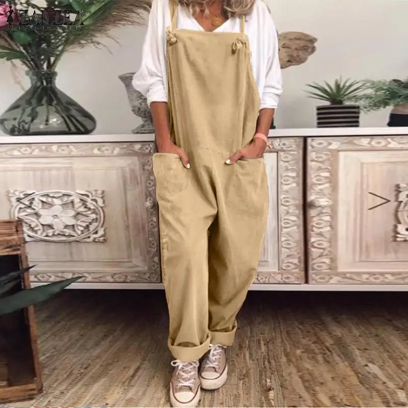 

Комбинезон ZANZEA женский винтажный большого размера, повседневный однотонный свободный Ромпер из хлопка и льна, с карманами, лето 2021