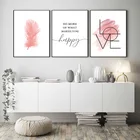 Повседневный домашний декор для девочек, картина с изображением знака любви, современная картина с розовыми румянами, Художественная Картина на холсте с перьями, вдохновляющий постер