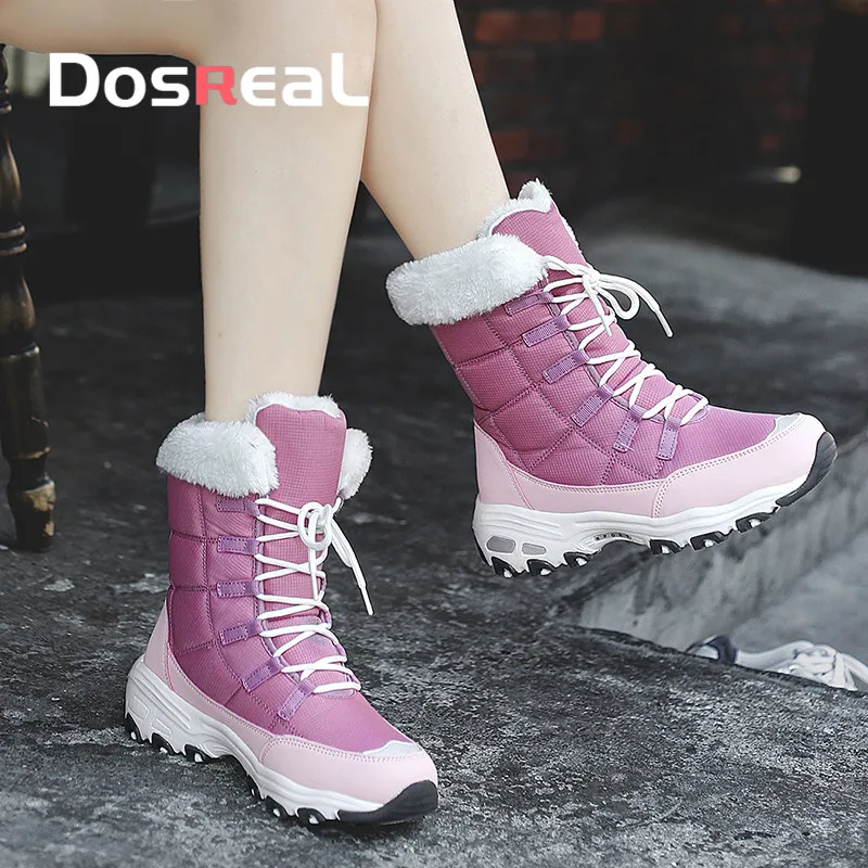 

Dosreal Women Snow Boots Lace up Warm Shoes With Fur For Females Fashion Shoes ORounutdoor Non-Slip Ankle Boots Round Toe Shoes