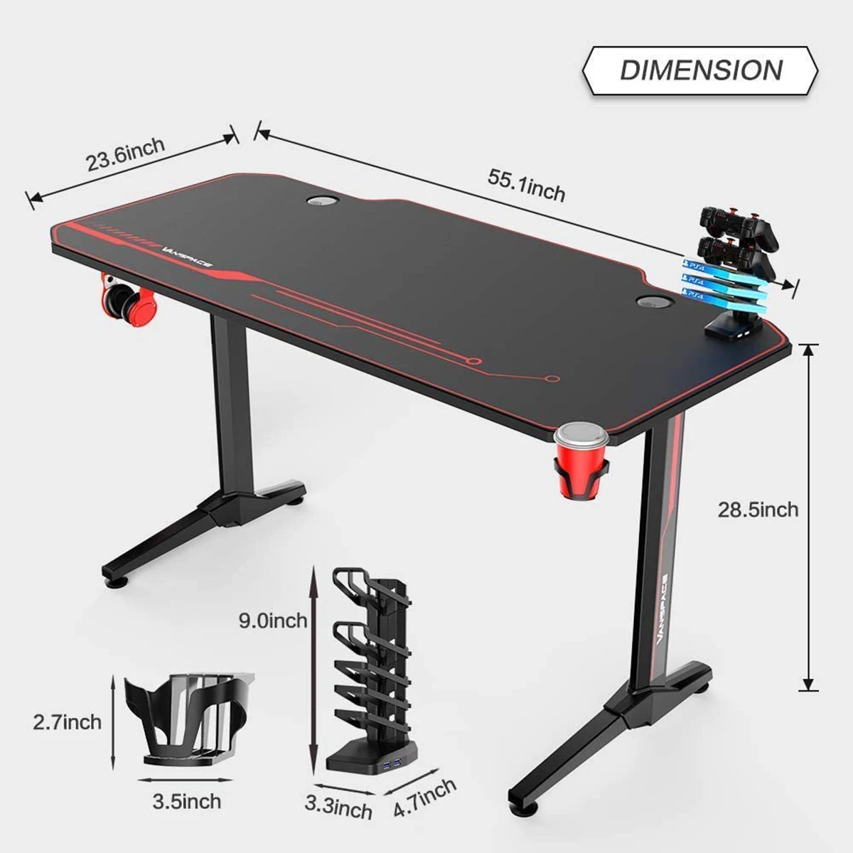 

55 Inch Ergonomic E-sports Gaming Desk Office T-Shaped with Free Mouse Pad Desk Computer Desk USB Gaming Handle Cup Rack Holder