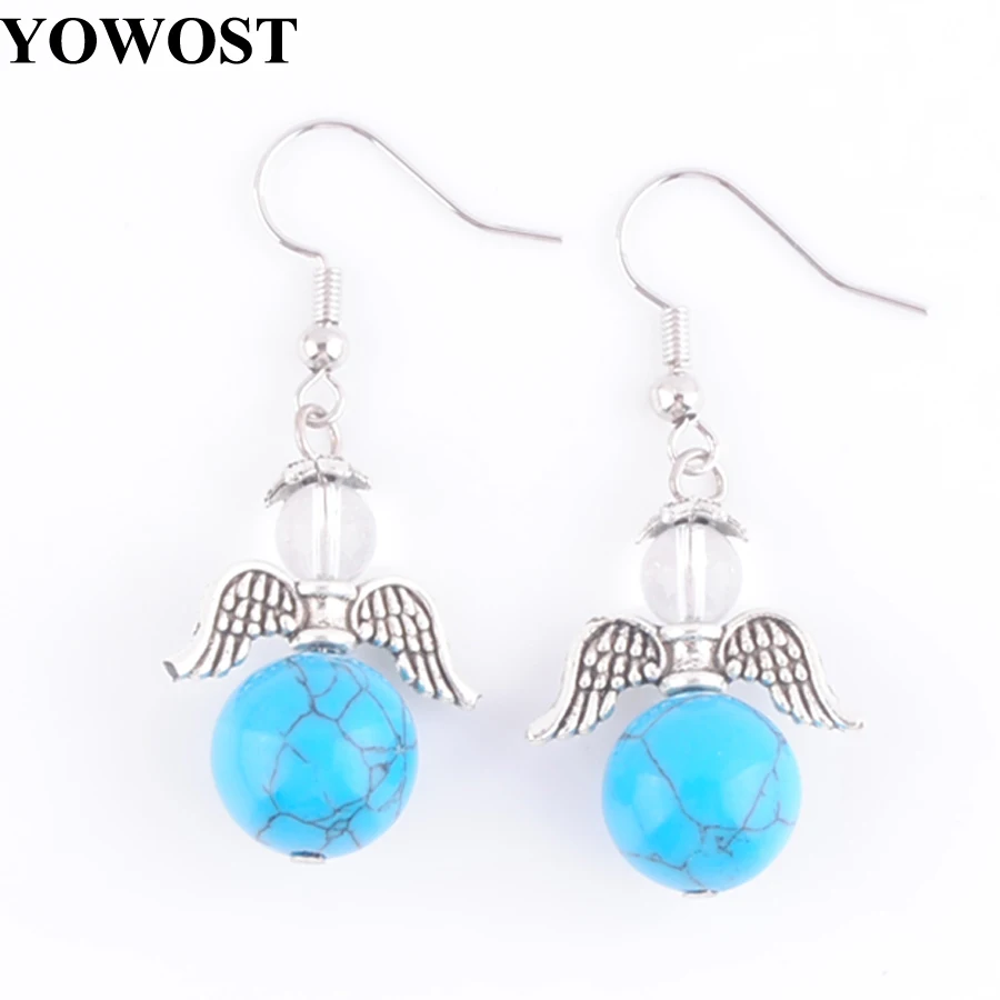 Висячие серьги из натурального камня голубой бирюзовый кварц круглый шарик