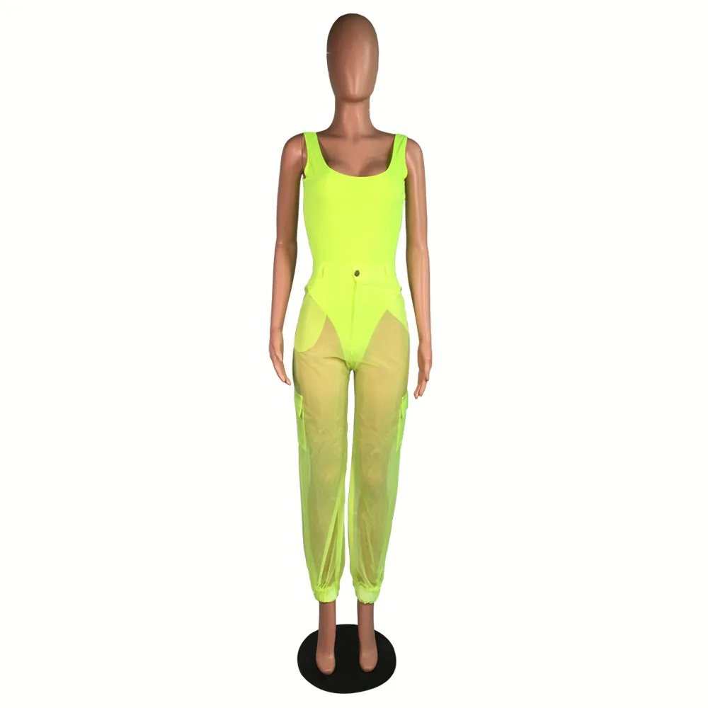 green jumpsuit Sexy Bodysuit Top With Organza Pants Two Piece Set Casual Sleeveless Bodycon Jumpsuit Evening Club Party 2 Piece Overalls Sets - Цвет: green jumpsuit