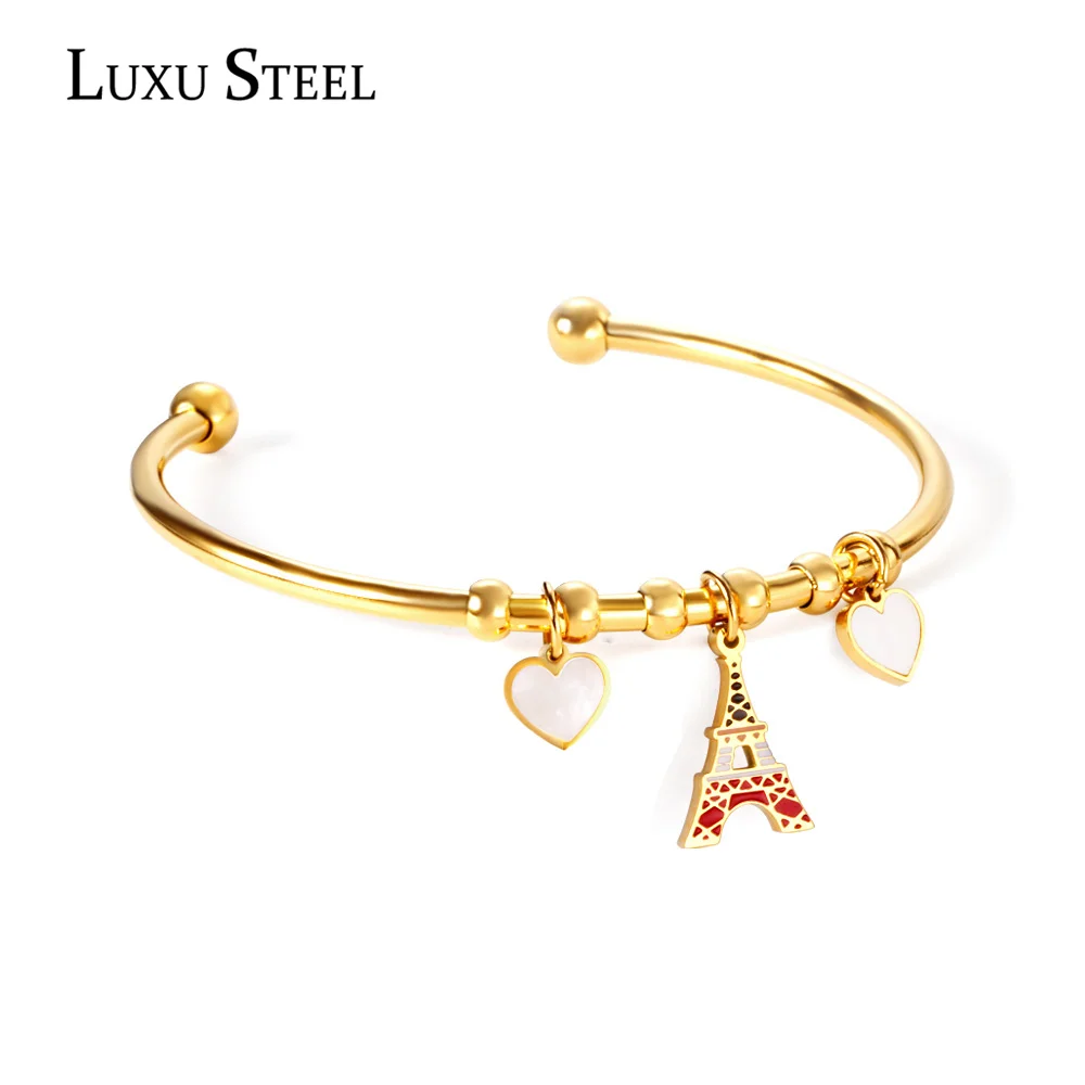 

LUXUSTEEL Christmas Cuff Bangles 2021 New Trendy Stainless Steel Heart Shell Pendants Gold Color Bracelets Bangles Friend Gift