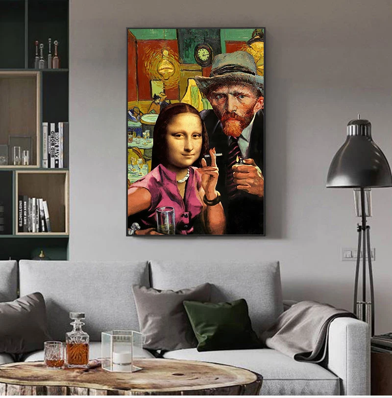 Забавное искусство Мона Лиза и Ван Гога курительные картины на холсте фотообои