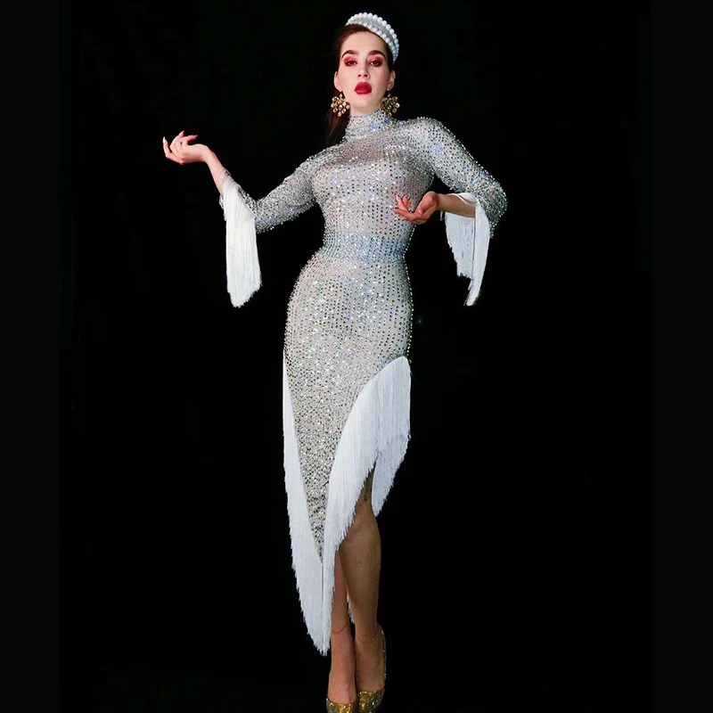 модные Блестящее платье с бахромой и кристаллами для женщин Клубная одежда